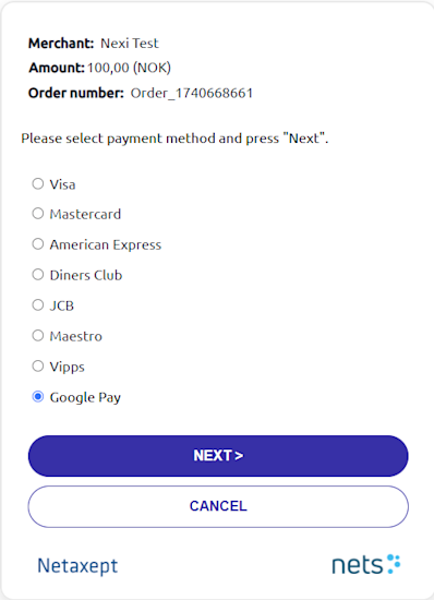 Google Pay in two-page payment window