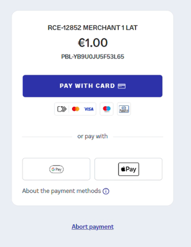 Initial payment page and PAY WITH CARD button