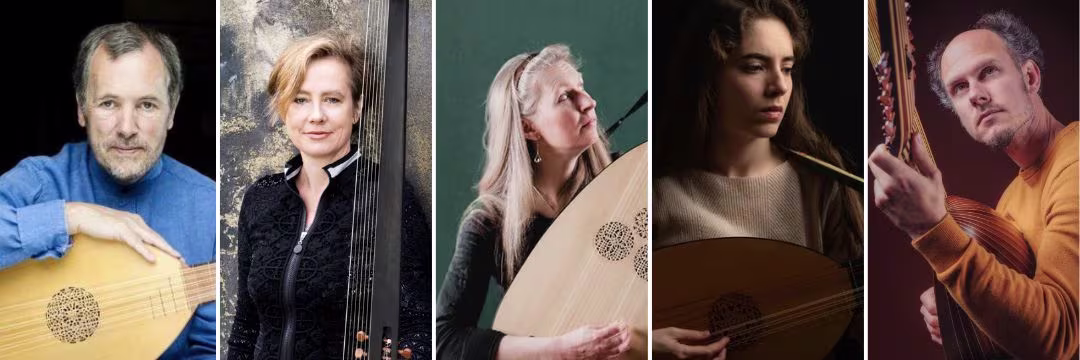 (From L to R) Lutenists Nigel North, Elizabeth Kenny, Emma-Lisa Roux, Lynda Sayce and Bor Zuljan are among the line-up of The Dowland 400 Festival in Norwich, marking the 400th year of the death of John Dowland and celebrating his musical legacy.