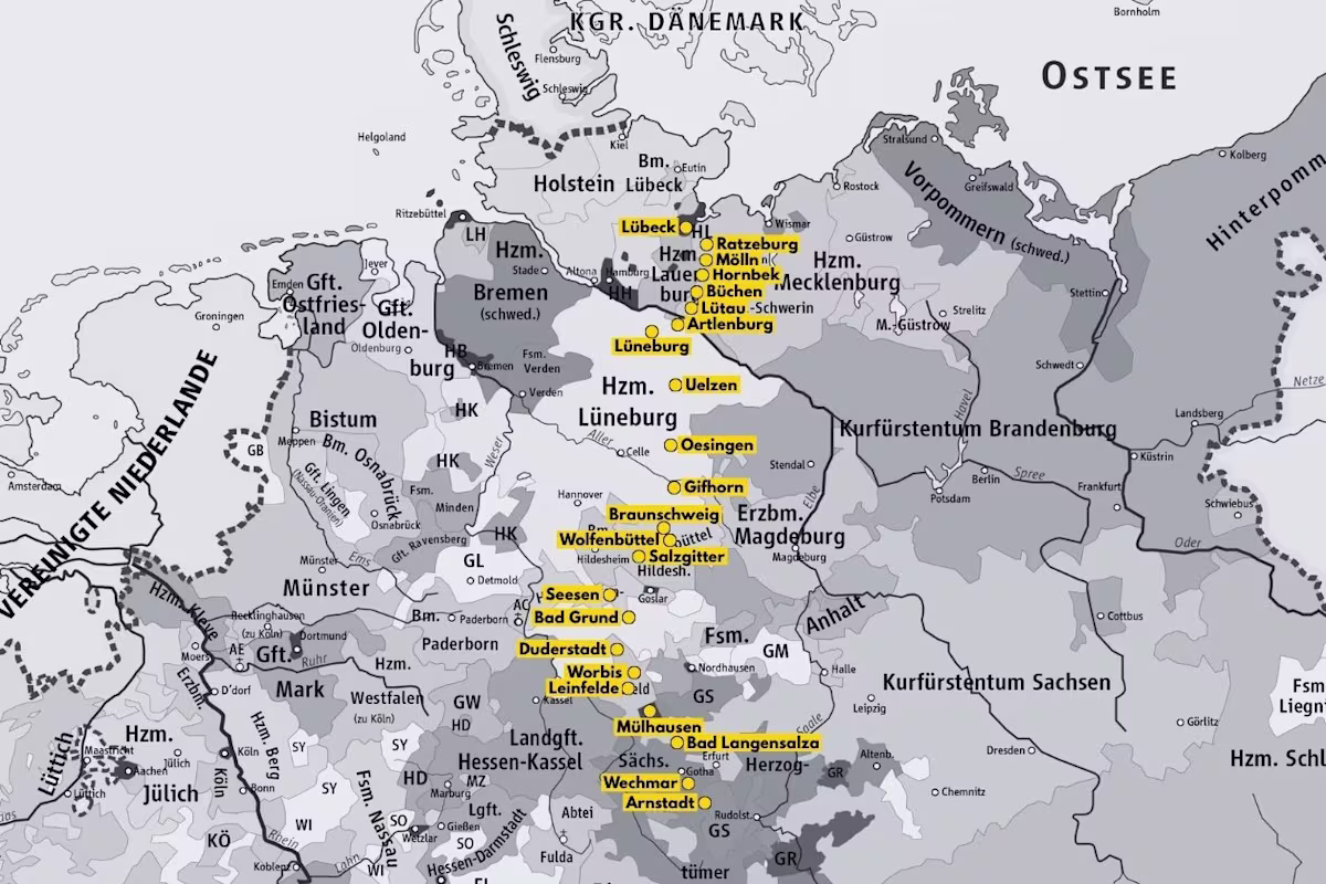 In 1705, a 20-year-old Bach walked 270 miles from Arnstadt to Lübeck to hear the music of Danish master organist Buxtehude. | Based on a map by EOL Cartography Assoc. combined with the map of Holy Roman Empire available under Creative Commons license In 1705, a 20-year-old Bach walked 270 miles from Arnstadt to Lübeck to hear the music of Danish master organist Buxtehude. | Based on a map by EOL Cartography Assoc. combined with the map of Holy Roman Empire available under Creative Commons license