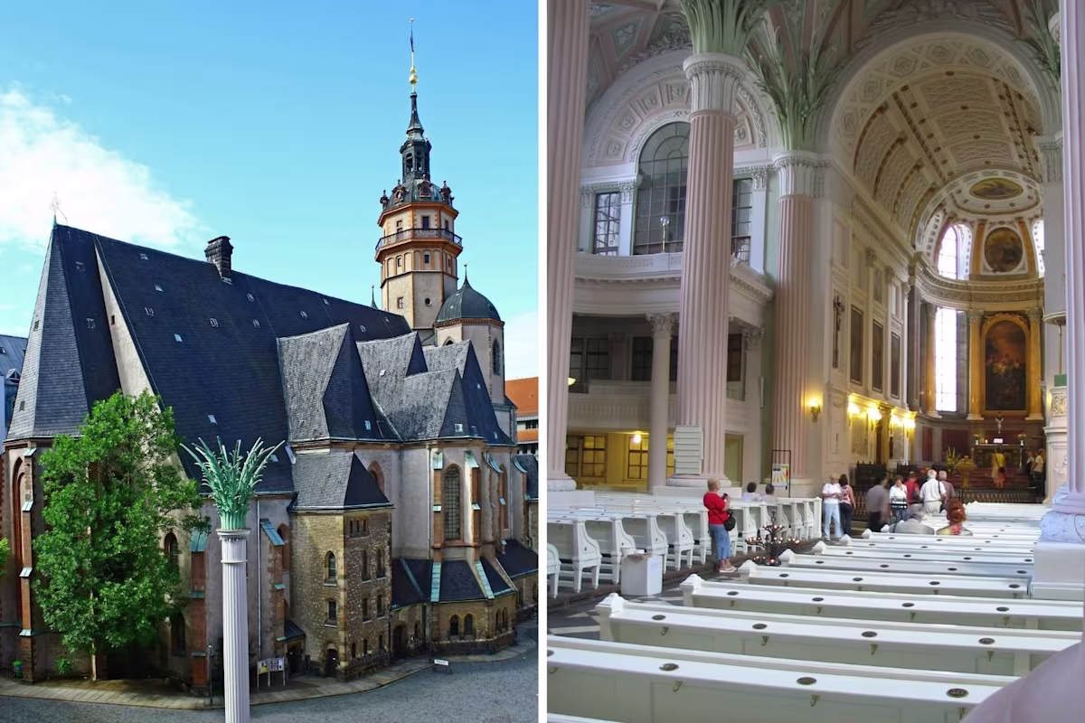 St Nicholas Church (Nikolaikirche) in Leipzig, where the first performance of St John Passion took place | images in public domain – by Cetegus (L) and JesterWR (R) (under the GNU Free Documentation License)