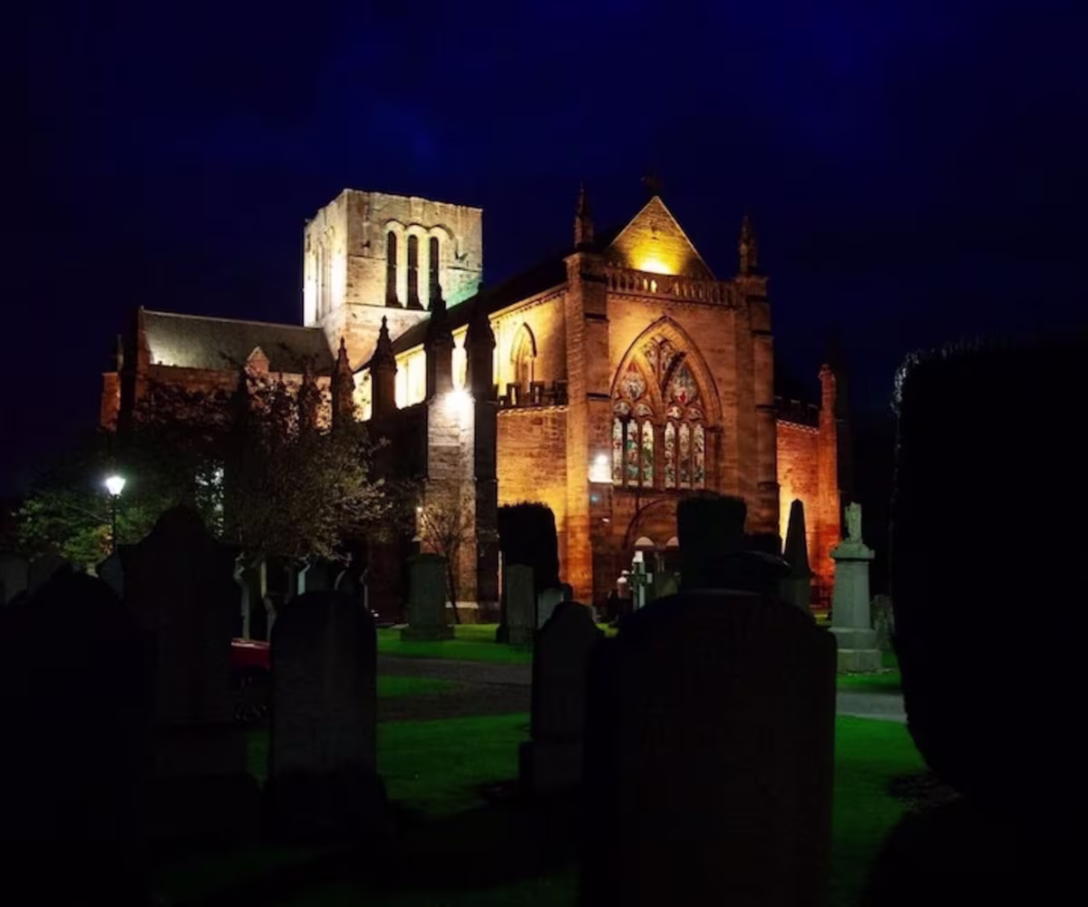 Monteverdi Vespers of 1610 st marys church haddington scotland in the dark illuminated by spotlights from the graveyard