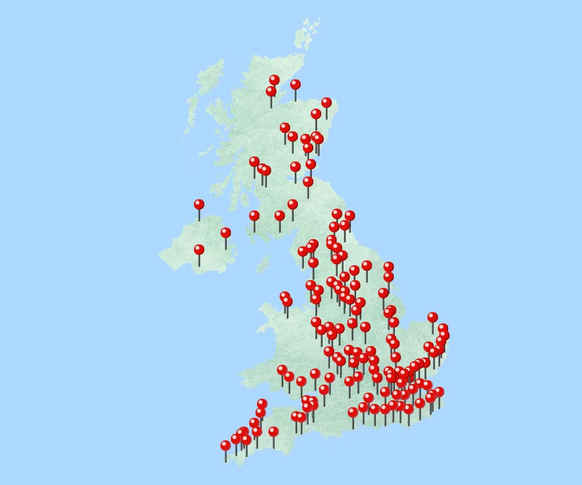 Map showing locations of Continuo-supported concerts since 2021