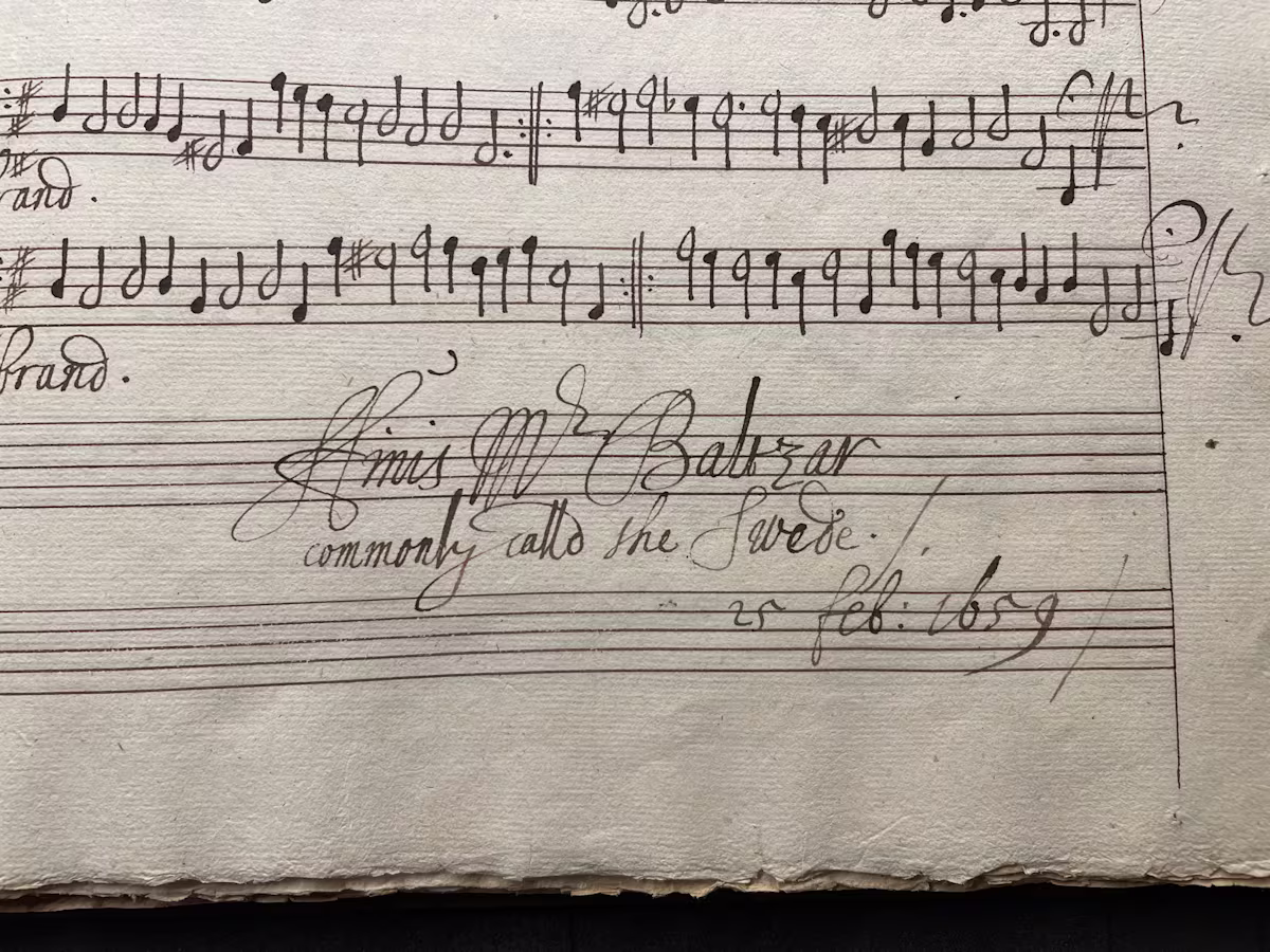The first violin part of a set of suites copied out by Edward Lowe included the inscription: ‘Mr. [Thomas] Baltzar commonly calld the Swede 25 feb: 1659’.
