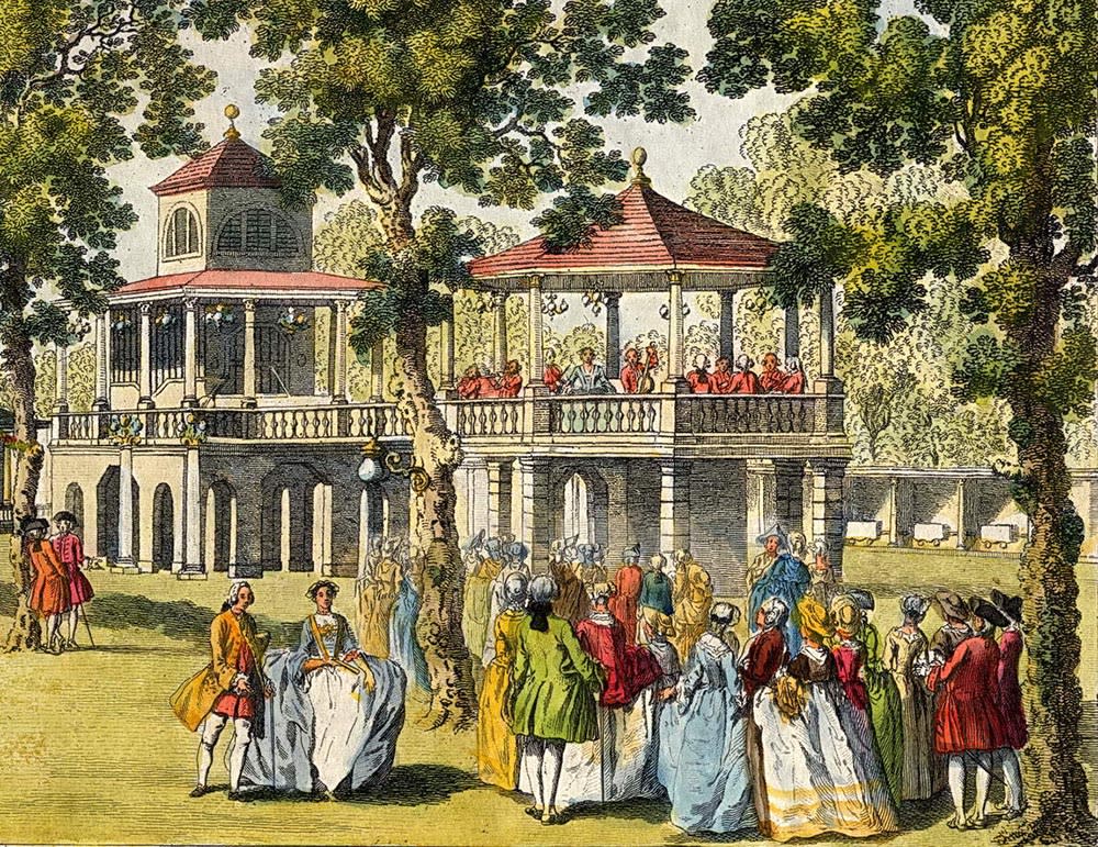Vauxhall Gardens with band pavilion and supper boxes, courtesy of David Coke