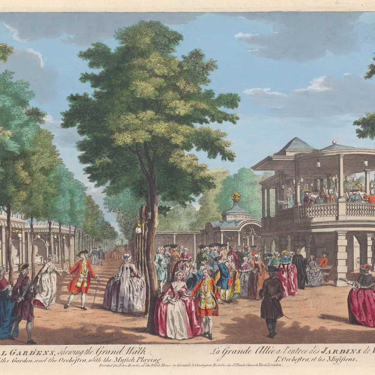 Echoes of Vauxhall: A Musical Renaissance Vauxhall Gardens shewing the Grand Walk at the Entrance of the Garden and the Orchestra with the Music Playing