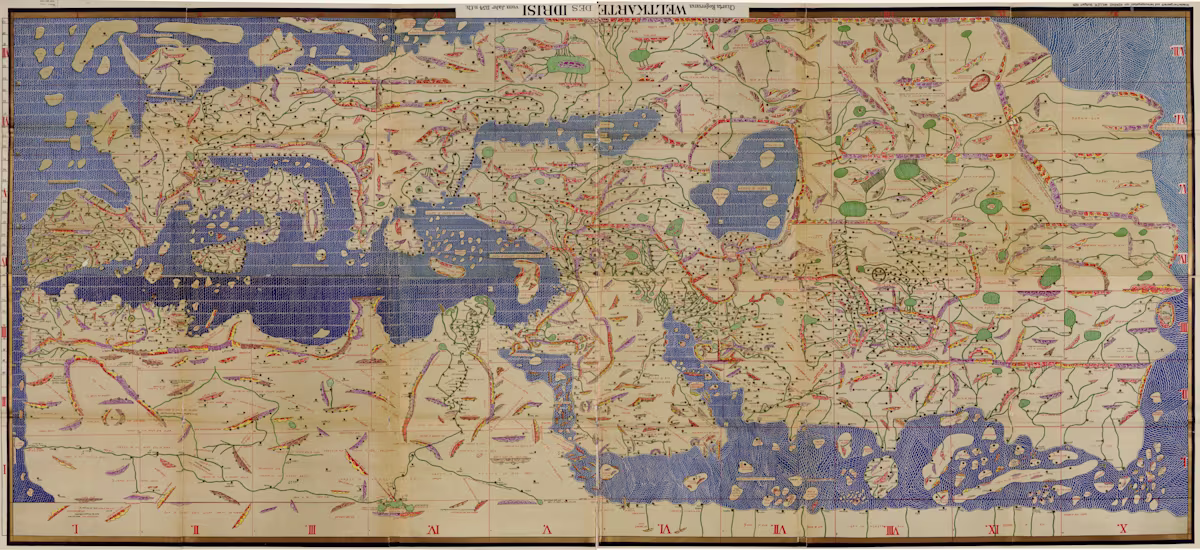 A modern consolidation of the Tabula Rogeriana, drawn by al-Idrisi for Roger II of Sicily in 1154, one of the most advanced medieval world maps.