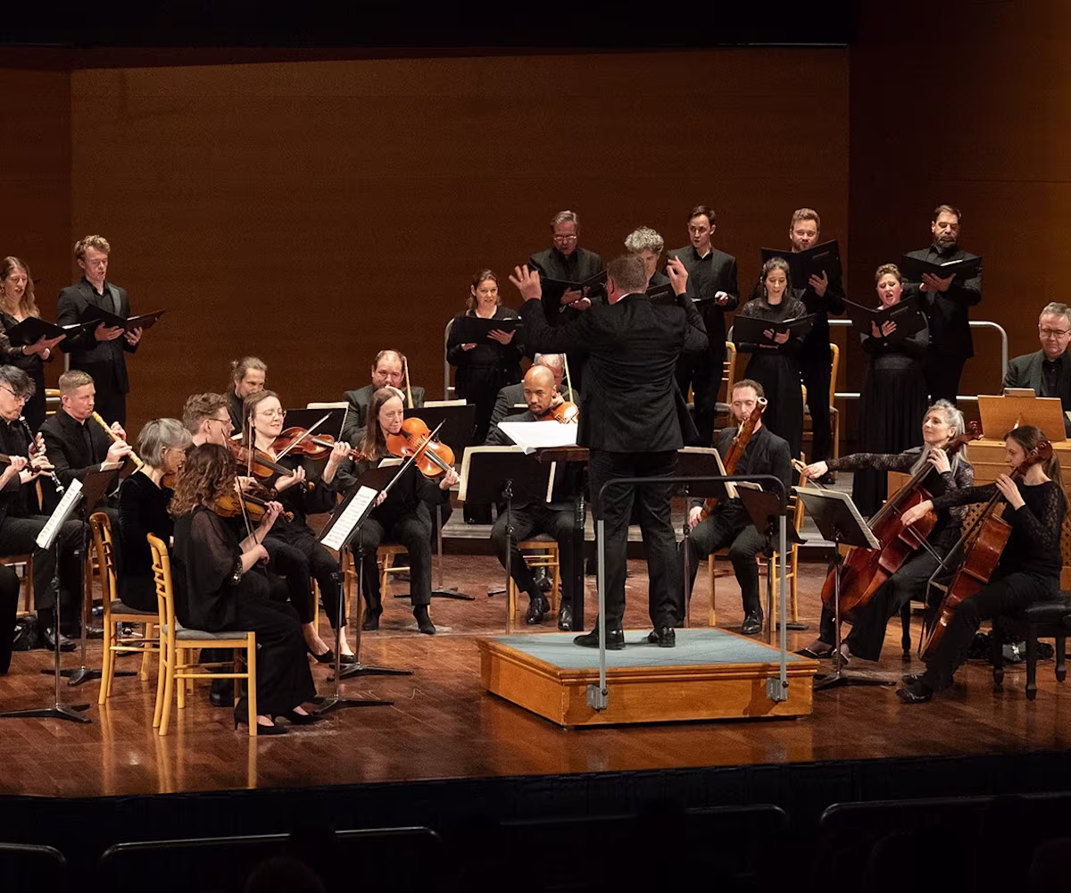 JS Bach: Mass in B Minor baroque musicians from the armonico consort on a concert stage wearing all black