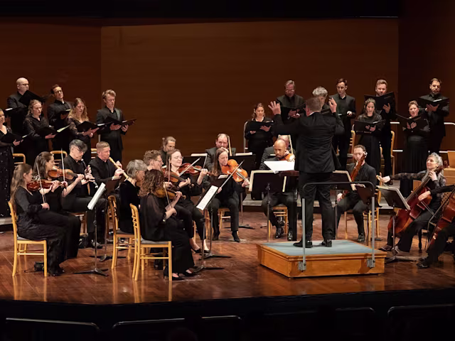 JS Bach: Mass in B Minor baroque musicians from the armonico consort on a concert stage wearing all black