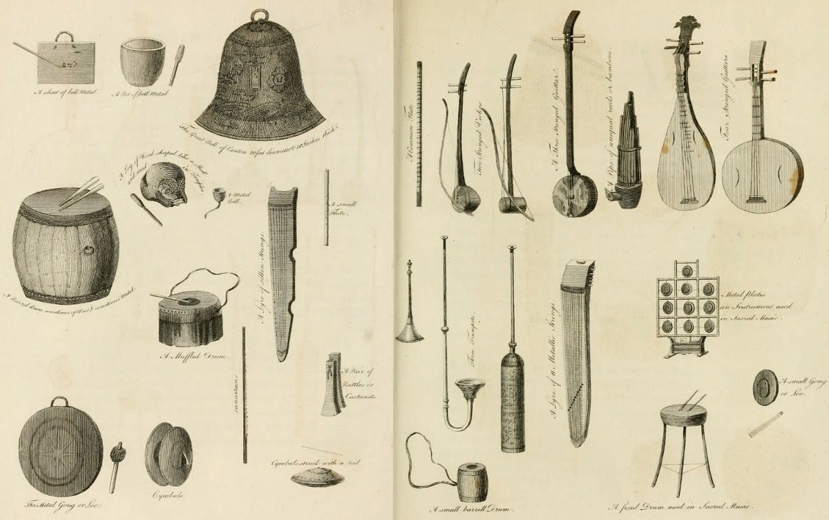 An illustration of Chinese musical instruments, from John Barrow, Travels in China (1804)