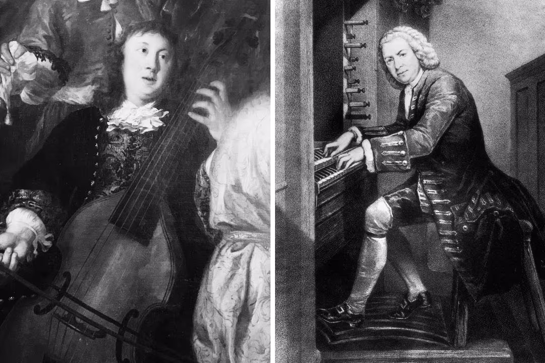 The Danish master organist and composer Dieterich Buxtehude, playing a viol, from Musical Company by Johannes Voorhout (1674) | Portrait of JS Bach seated at the organ (c 1725) (Images under the Creative Commons license) The Danish master organist and composer Dieterich Buxtehude, playing a viol, from Musical Company by Johannes Voorhout (1674) | Portrait of JS Bach seated at the organ (c 1725) (Images under the Creative Commons license)