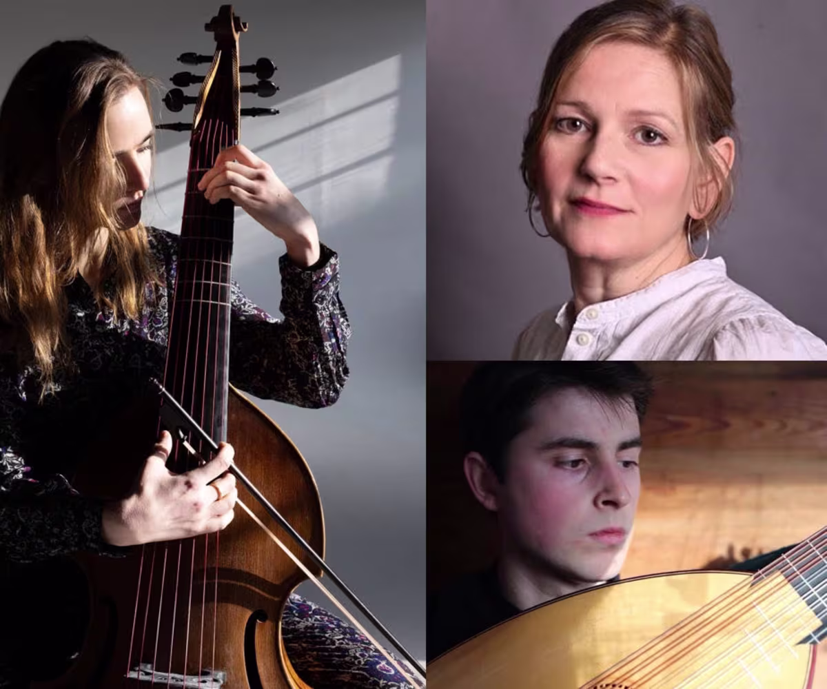 Good Again? Nothing Gold Can Stay a woman playing a viola da gamba with headshots of a singer and a lutenist