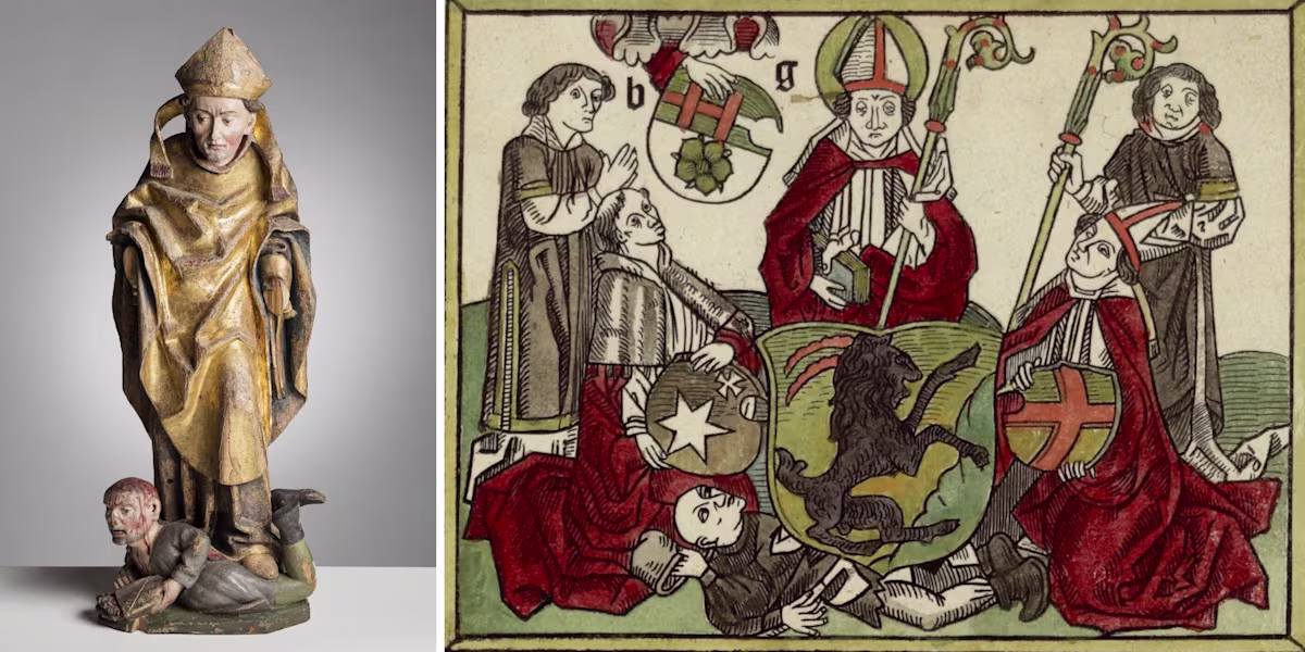 (L) Wooden sculpture of St Henry stepping on a bloodied Lalli from Akaa church (c. 1500), National Museum of Finland | (R) The starting page of Missale Aboense (1488) by Bartolomäus Ghotan (1488) with St Henry in the middle | Images in public domain