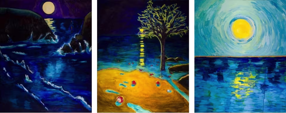 ‘The Dry Salvages I, II & III’ from Jérémie Queyras’s 21-part series, inspired by T.S. Eliot’s ‘The Four Quartets’. A selection of seven paintings will be on exhibit at Marylebone Theatre in London until 22 May.