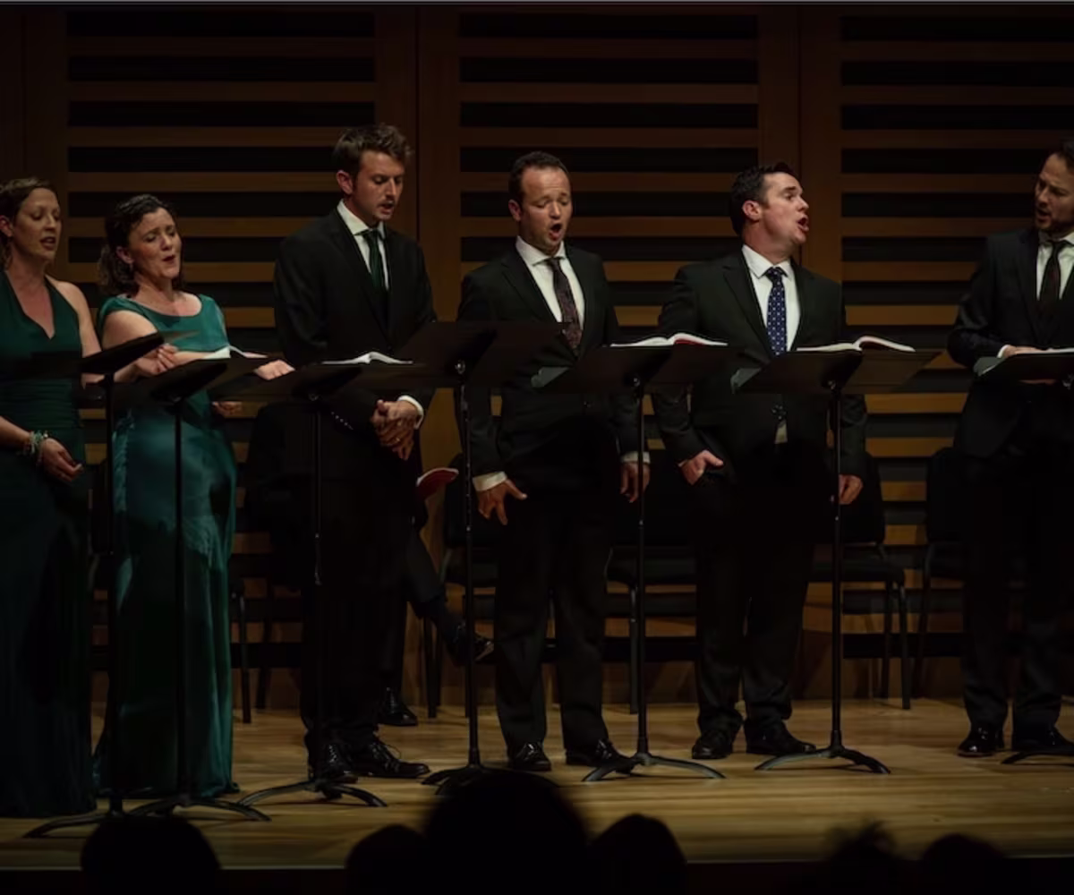 Monteverdi Vespers 1610 a capella group i fagiolini singing on a concert hall stage