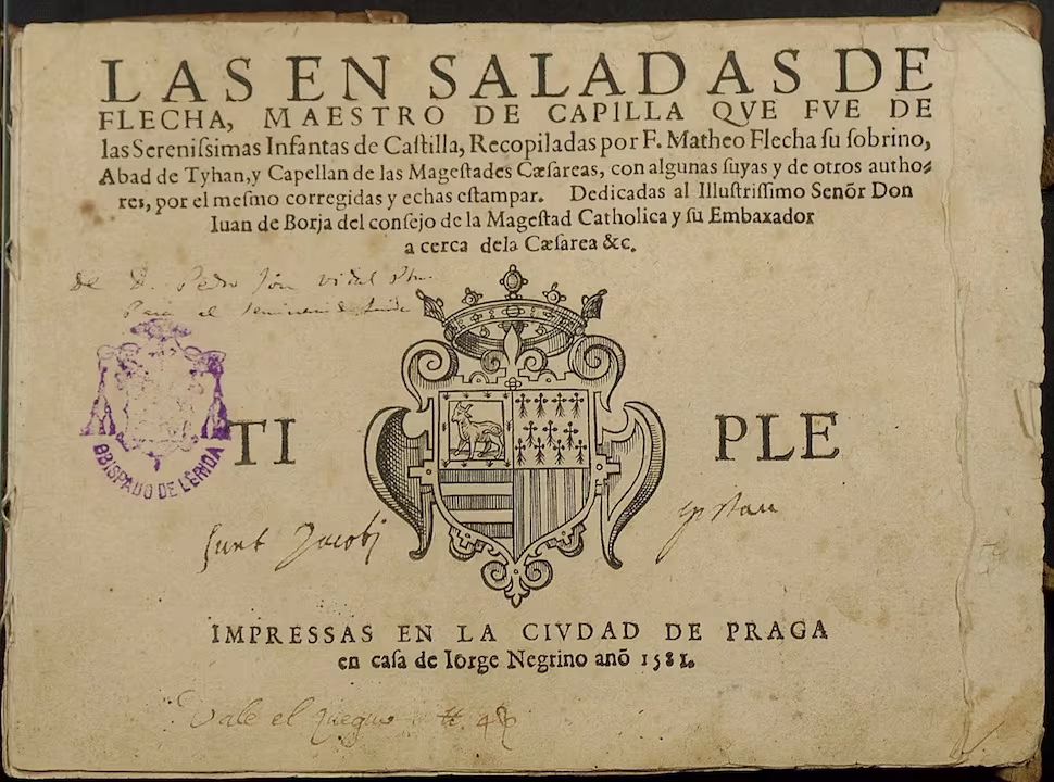 Cover of the book, ‘Las ensaladas’, edited by Mateo Flecha, published in 1581 in Prague Cover of the book, ‘Las ensaladas’, edited by Mateo Flecha, published in 1581 in Prague