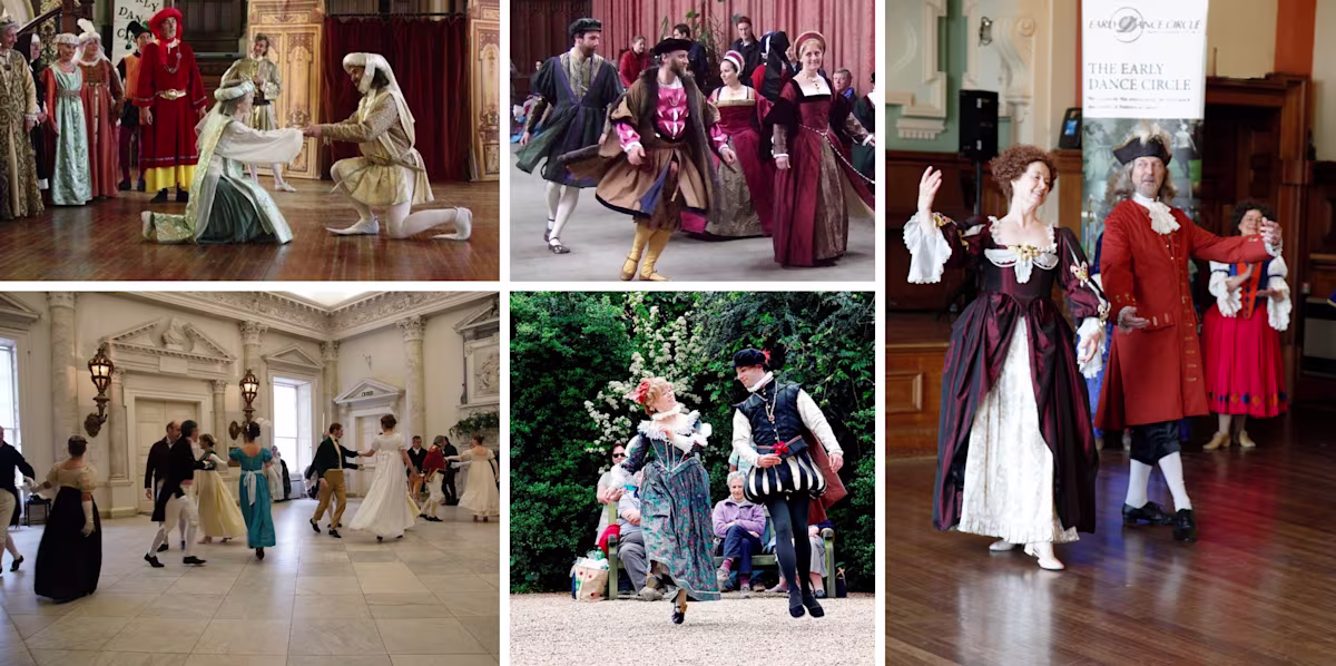Clockwise from top left: 15th-century dance drama; 16th-century Dance, Contretemps; Galliard; Regency Dance