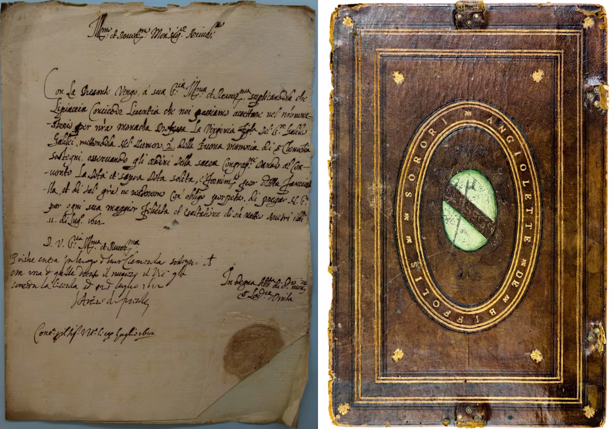 Letter with Virginia Galilei and Clemenzia Sostegni (image courtesy of Archivio archivescovile Florence) | Manuscript cover (image courtesy of Bibliothèque du Conservatoire Royal de Bruxelles) Letter with Virginia Galilei and Clemenzia Sostegni (image courtesy of Archivio archivescovile Florence) | Manuscript cover (image courtesy of Bibliothèque du Conservatoire Royal de Bruxelles)