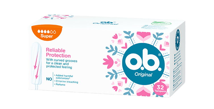 Vorderseite der Verpackung des o.b.® Original Super Tampons mit 32 Stück