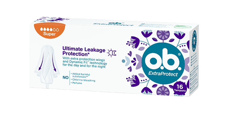 Vorderseite der Verpackung des o.b.® ExtraProtect Super Tampons mit 16 Stück