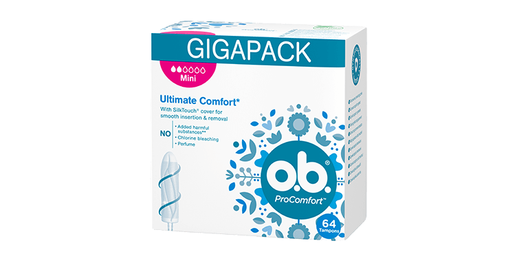 Vorderseite der Verpackung des o.b.® ProComfort Mini Tampons mit 64 Stück