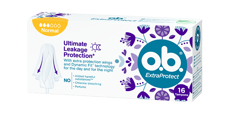 Vorderseite der Verpackung des o.b.® ExtraProtect Normal Tampons mit 16 Stück