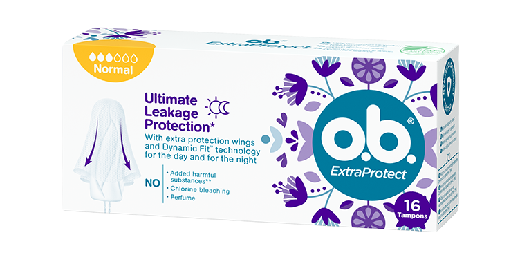 Vorderseite der Verpackung des o.b.® ExtraProtect Normal Tampons mit 16 Stück