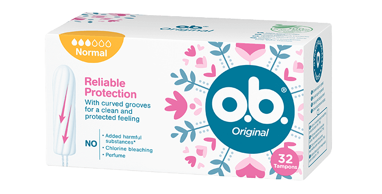 Vorderseite der Verpackung des o.b.® Original Normal Tampons mit 32 Stück