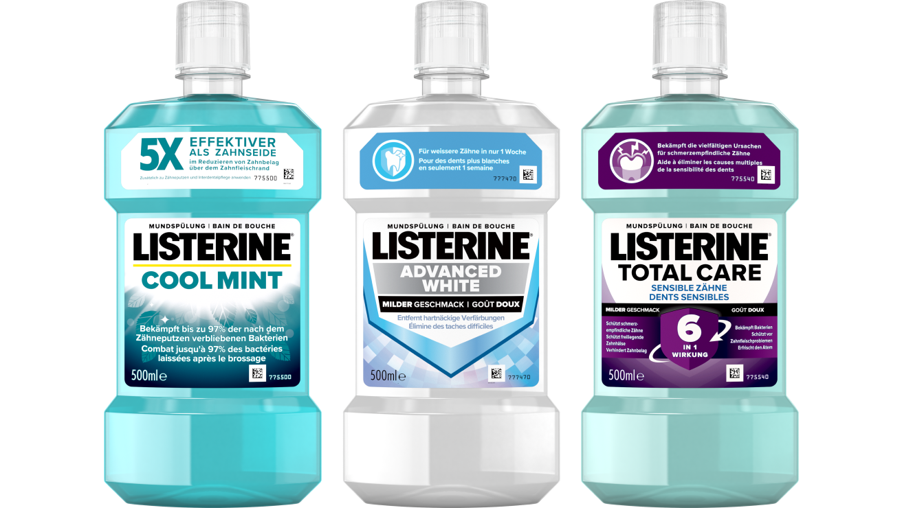 Listerine Cool Mint, Advanced White und Total Care Sensible Zähne