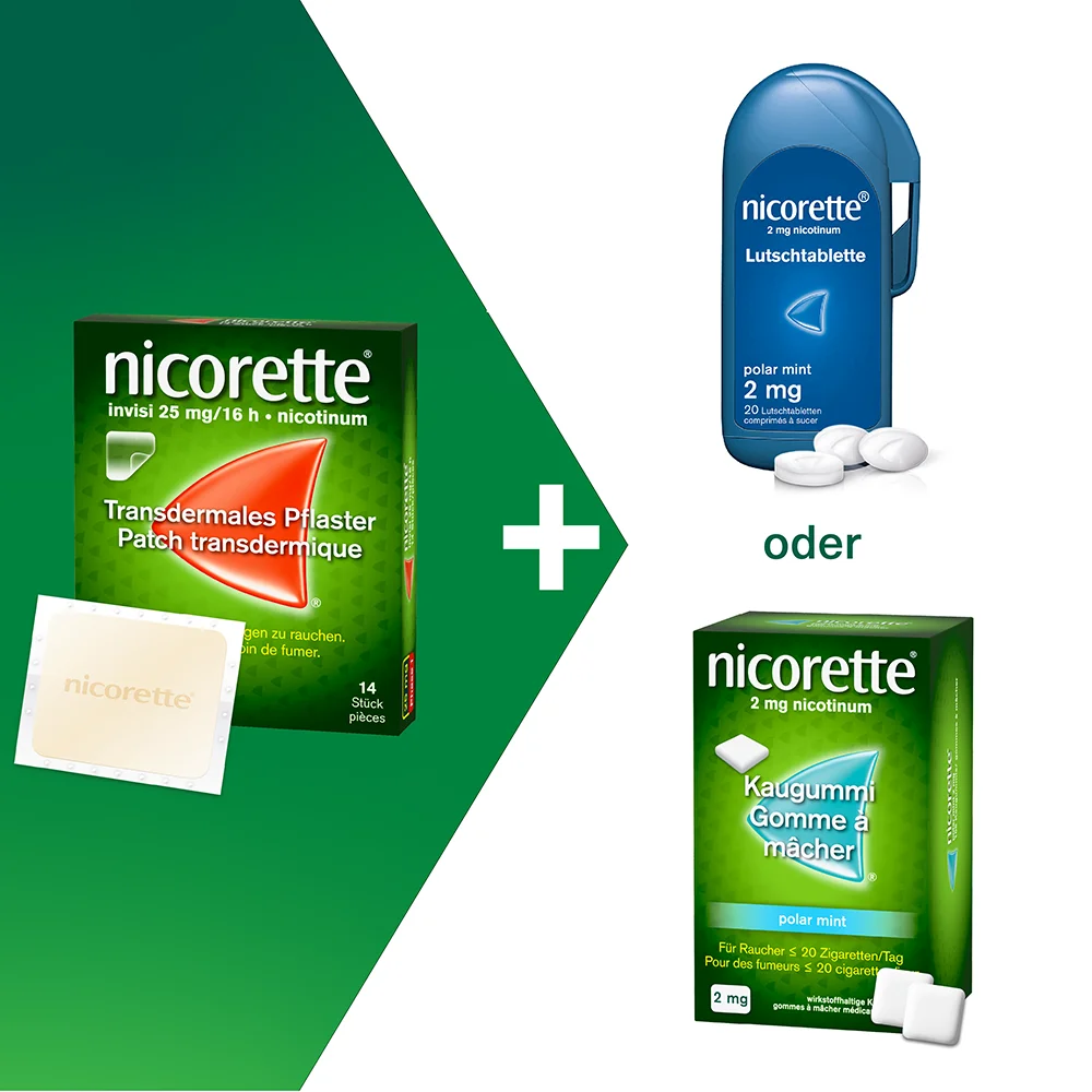 Nicorette Kombitherapie enthält Nicorette Invisi Depotflaster + Nicorette Lutschtablette oder Nicorette Kaugummi. Gegen starkes oder unkontrollierbares Rauchverlangen