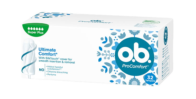 Vorderseite der Verpackung des o.b.® ProComfort Super Plus Tampons mit 32 Stück