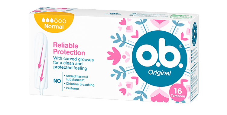 Vorderseite der Verpackung des o.b.® Original Normal Tampons mit 16 Stück