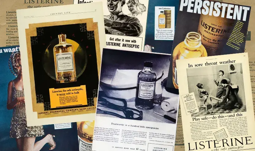 Eine erstellte Grafik mit gefakten Zeitungsausschnitten von Listerine