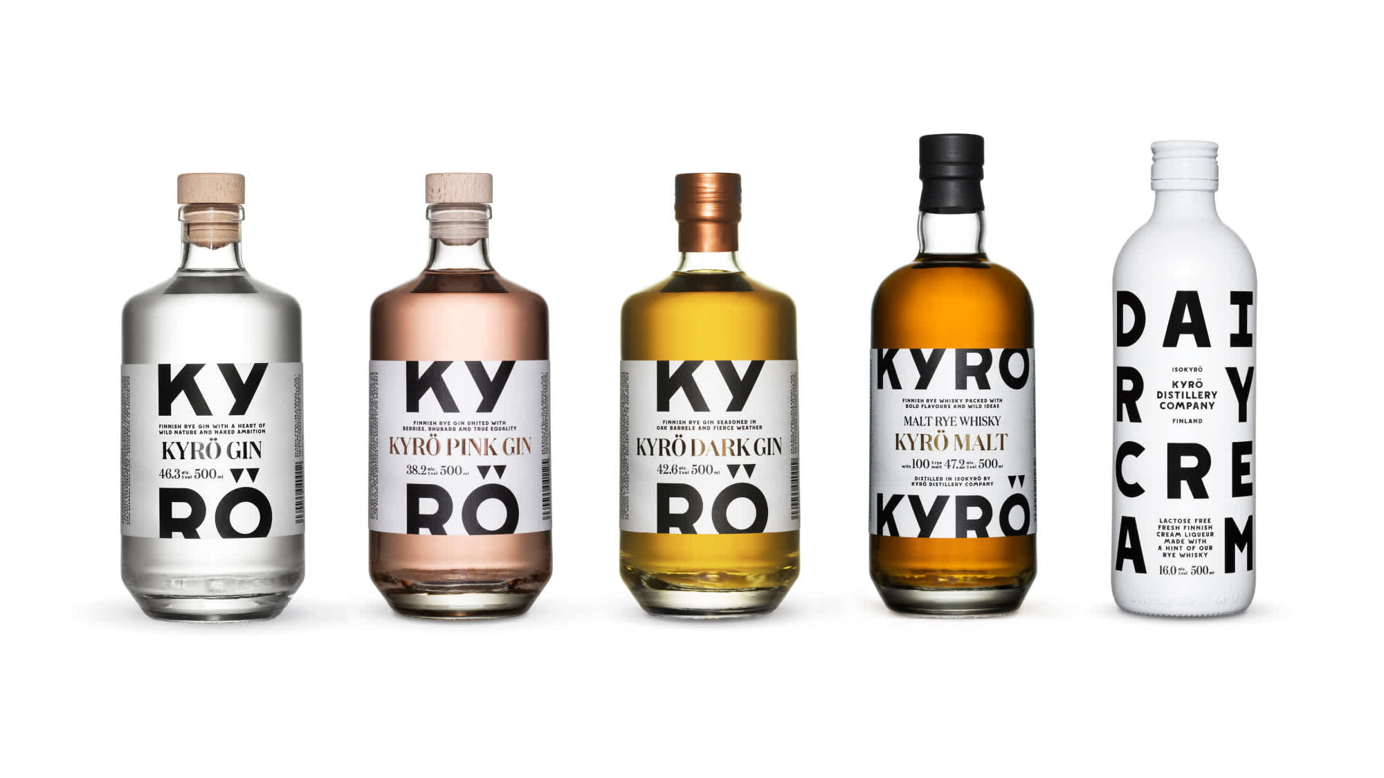 Line up of all Kyrö products including, Kyrö Gin, Kyrö Dark Gin, Kyrö Pink Gin, Kyrö Malt rye whisky and Dairy Cream cream liqueur. 