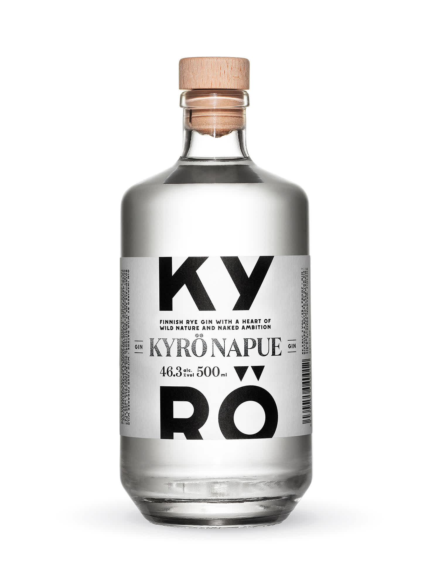 Product photo: a 500ml clear bottle of Kyrö Gin, which is clear in color, made by the Kyrö Distillery Company in Isokyrö, Finland. 