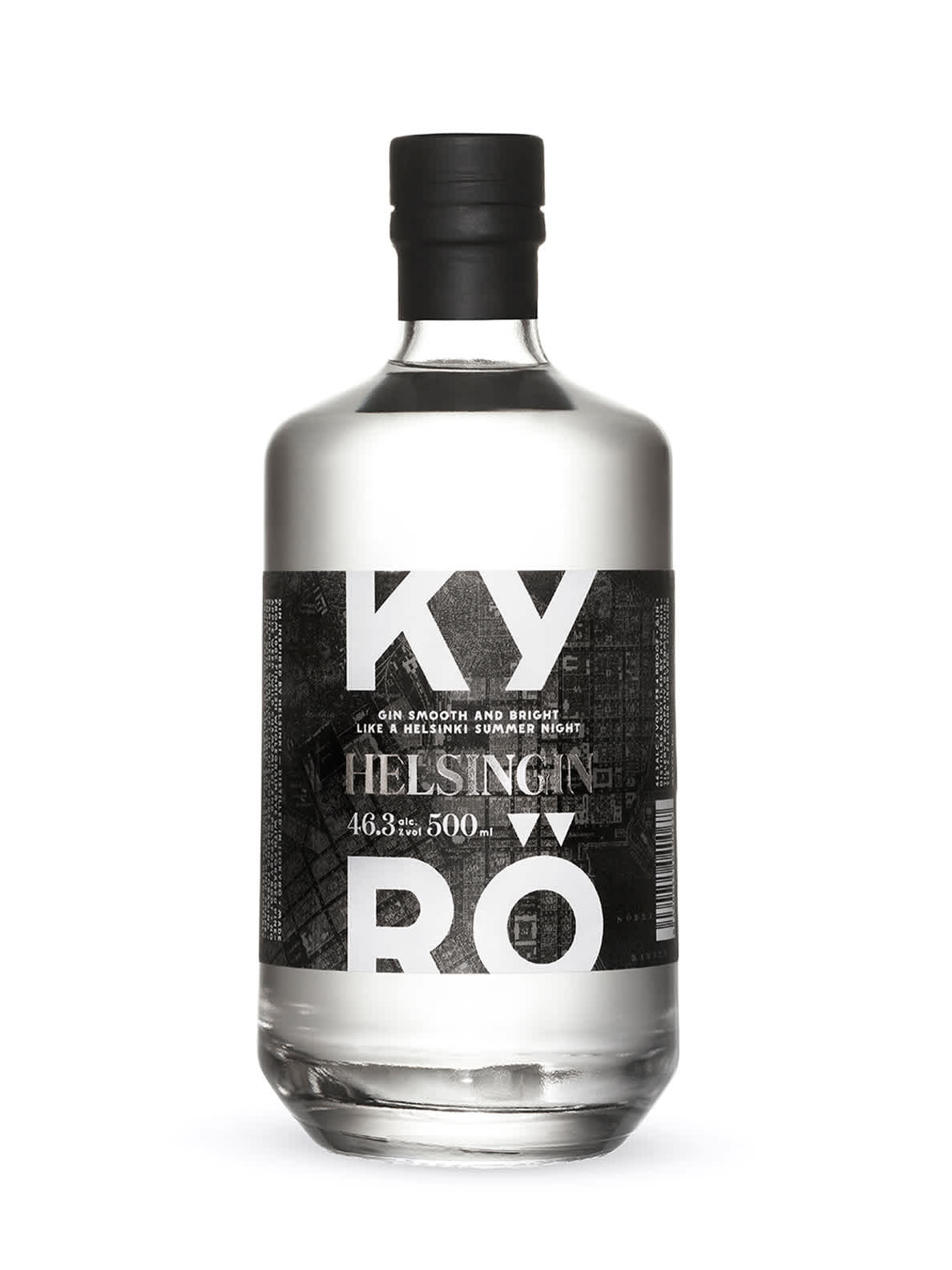 Product photo: a clear, 500ml glass bottle filled with Helsingin made by the Kyrö Distillery Company in Isokyrö, F