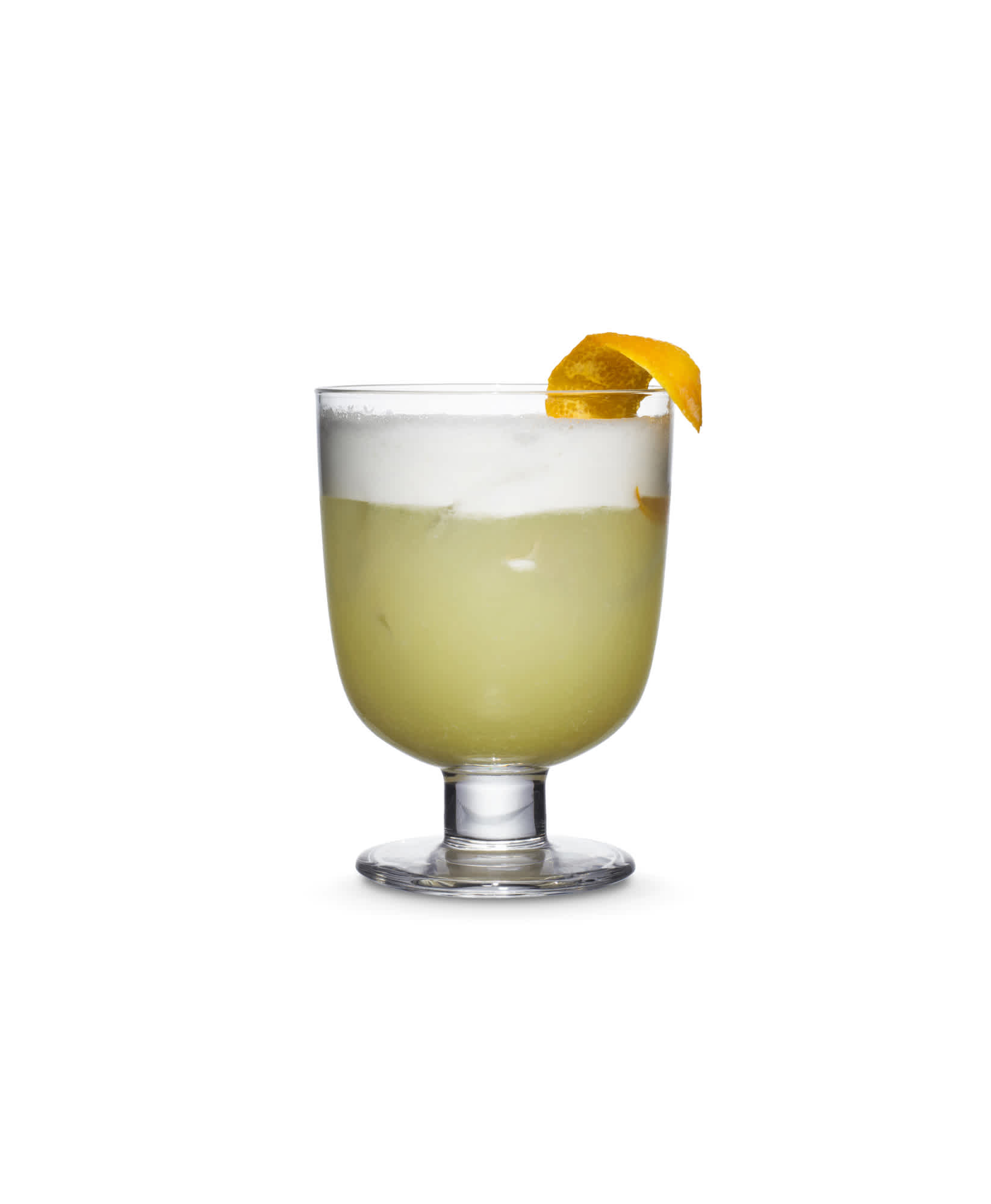 Gin Sour cocktail in a cocktail glass garnished with orange.