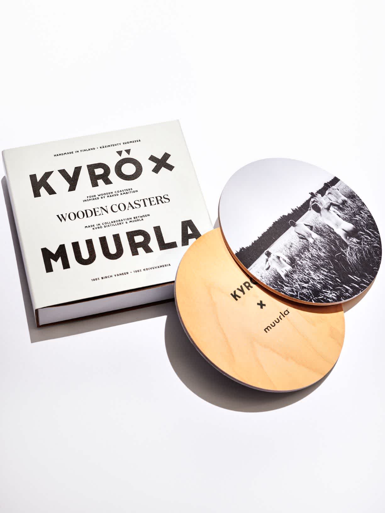 Four pieces of Muurla x Kyrö coaster from birch veneer, with a running naked picture and Kyrö Distillery Company logo. 