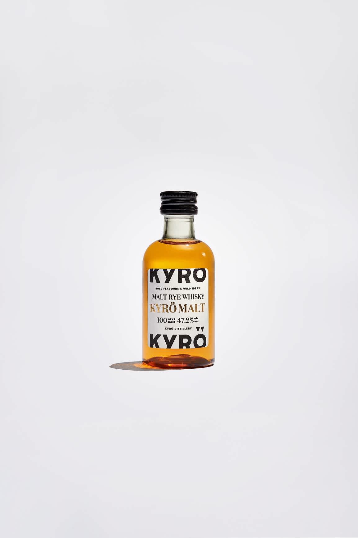 Product photo: 50 ml bottle of award-winning, Finnish rye whisky from Kyrö Distillery Company.