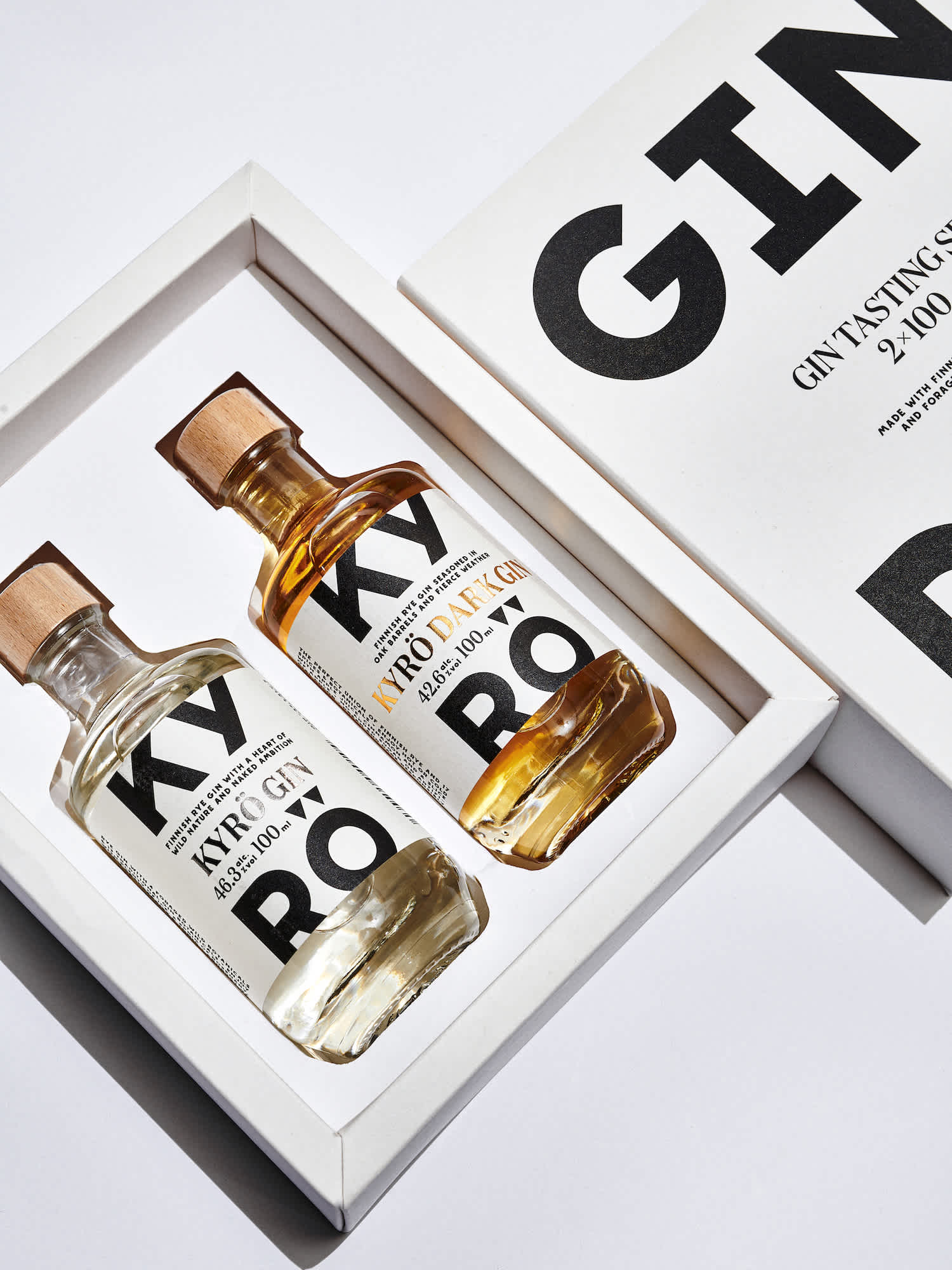 White box with 100 ml bottle of Kyrö Gin and Kyrö Dark Gin 