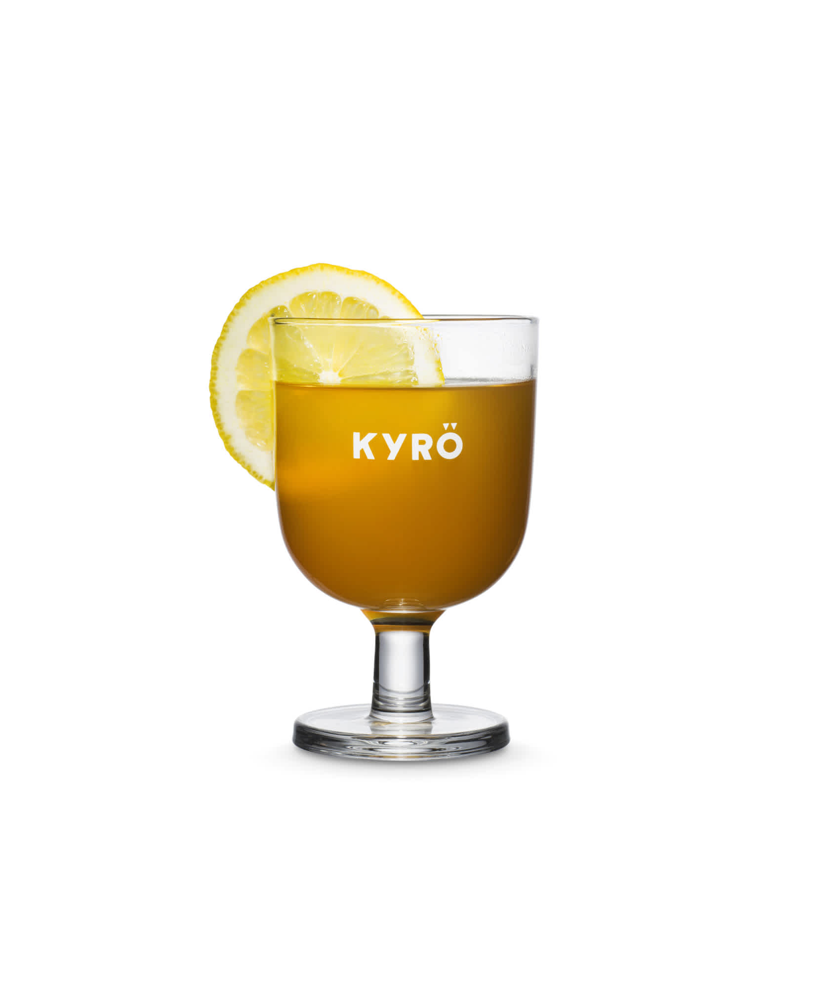Hot Toddy warm cocktail with rye whisky, tea and lemon garnish. Served in a cocktail glass with Kyrö Distillery logo.