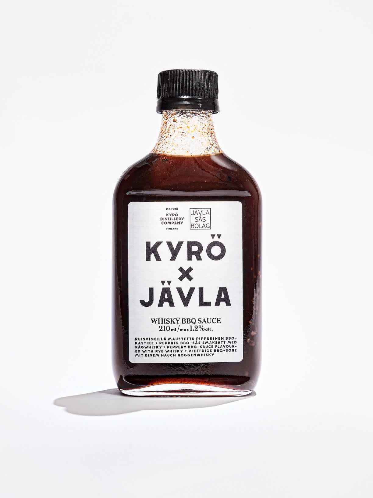 Kyrö x Jävla BBQ sauce bottle with a white background. 