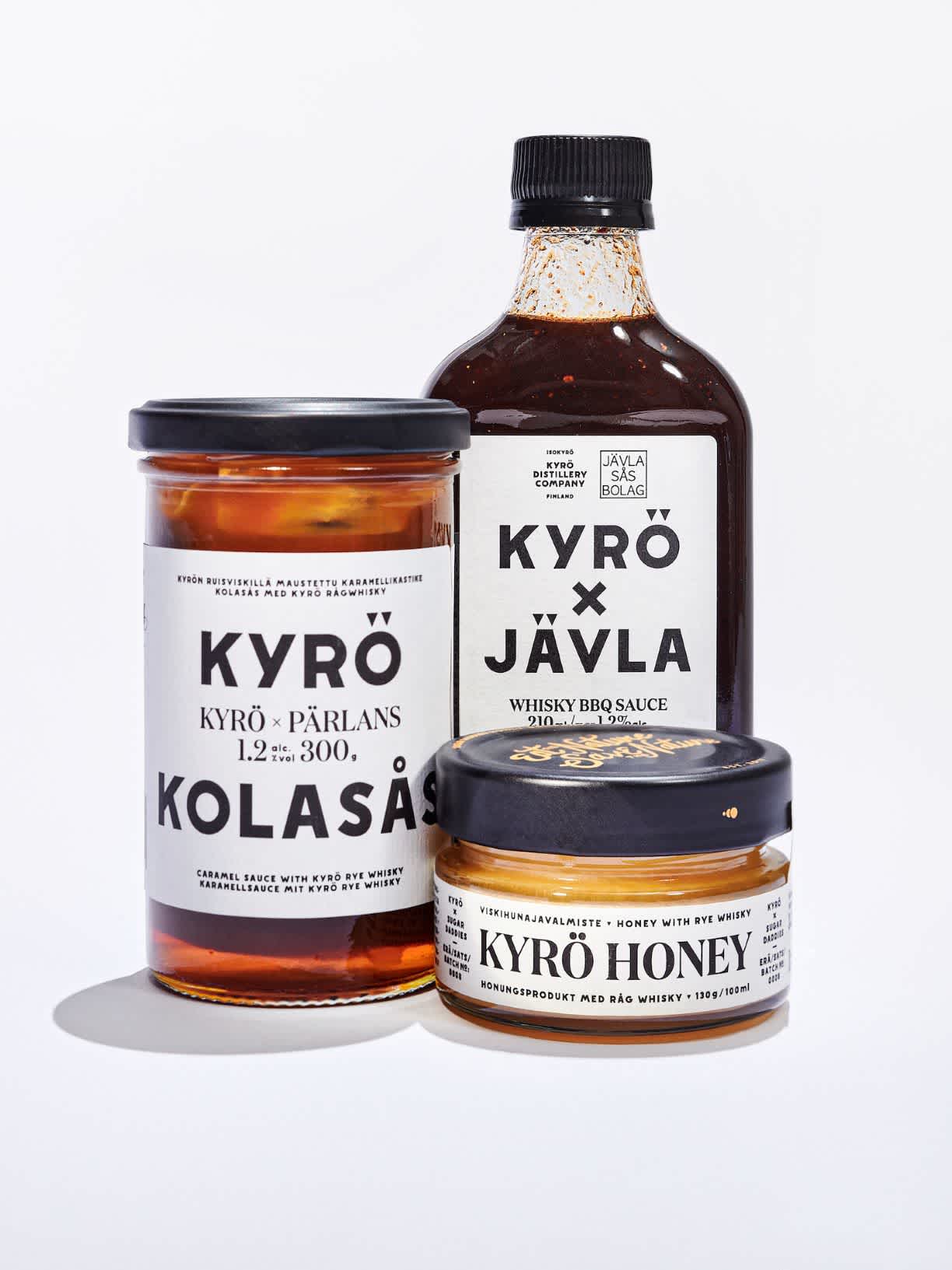 Kyrö x Pärlans Caramel Sauce, Kyrö x Jävla Sås BBQ Sauce and Kyrö x Sugar Daddies Whisky Honey with white background. 