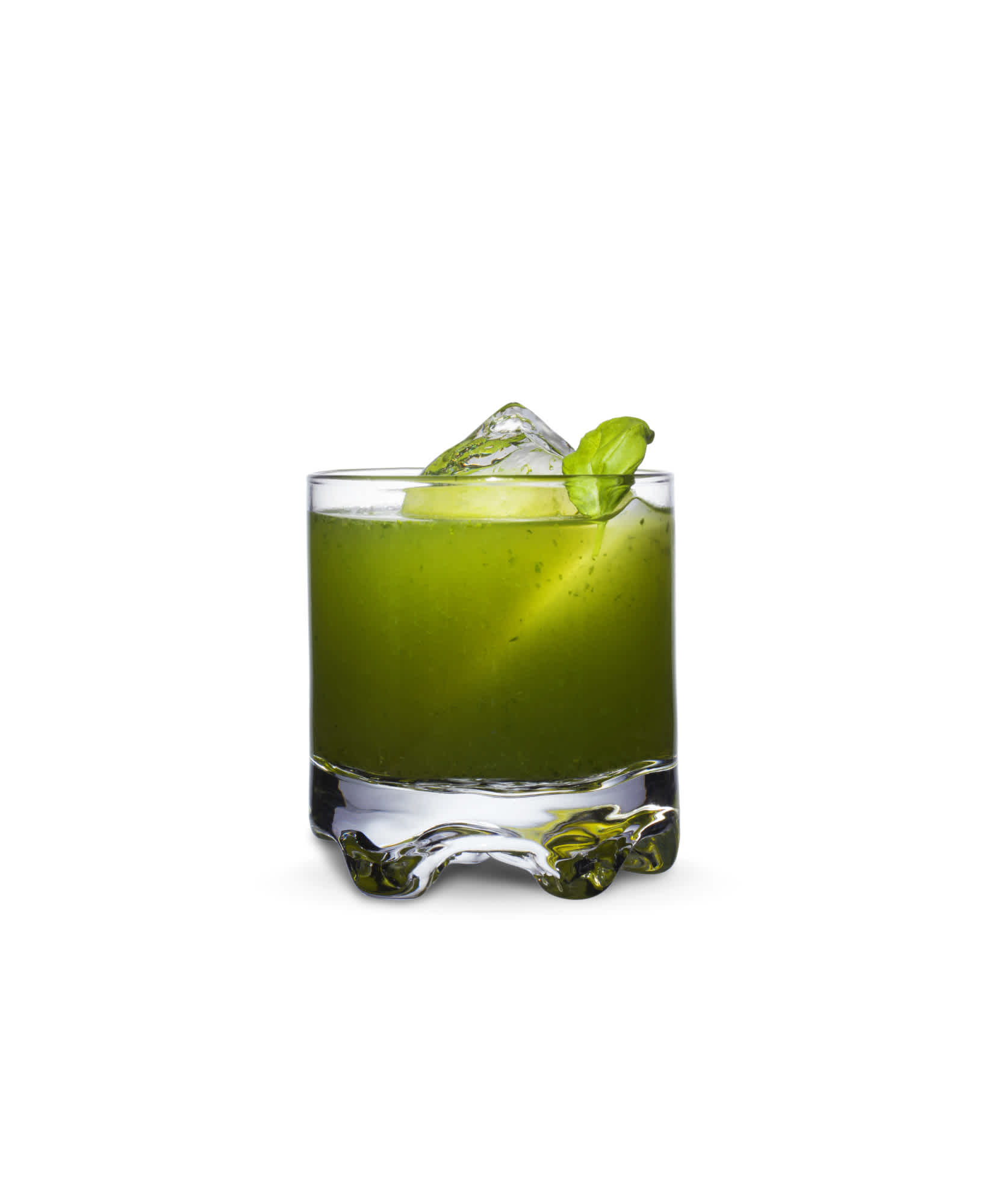 Green Gin Basil Smash cocktail in a rocks glass.