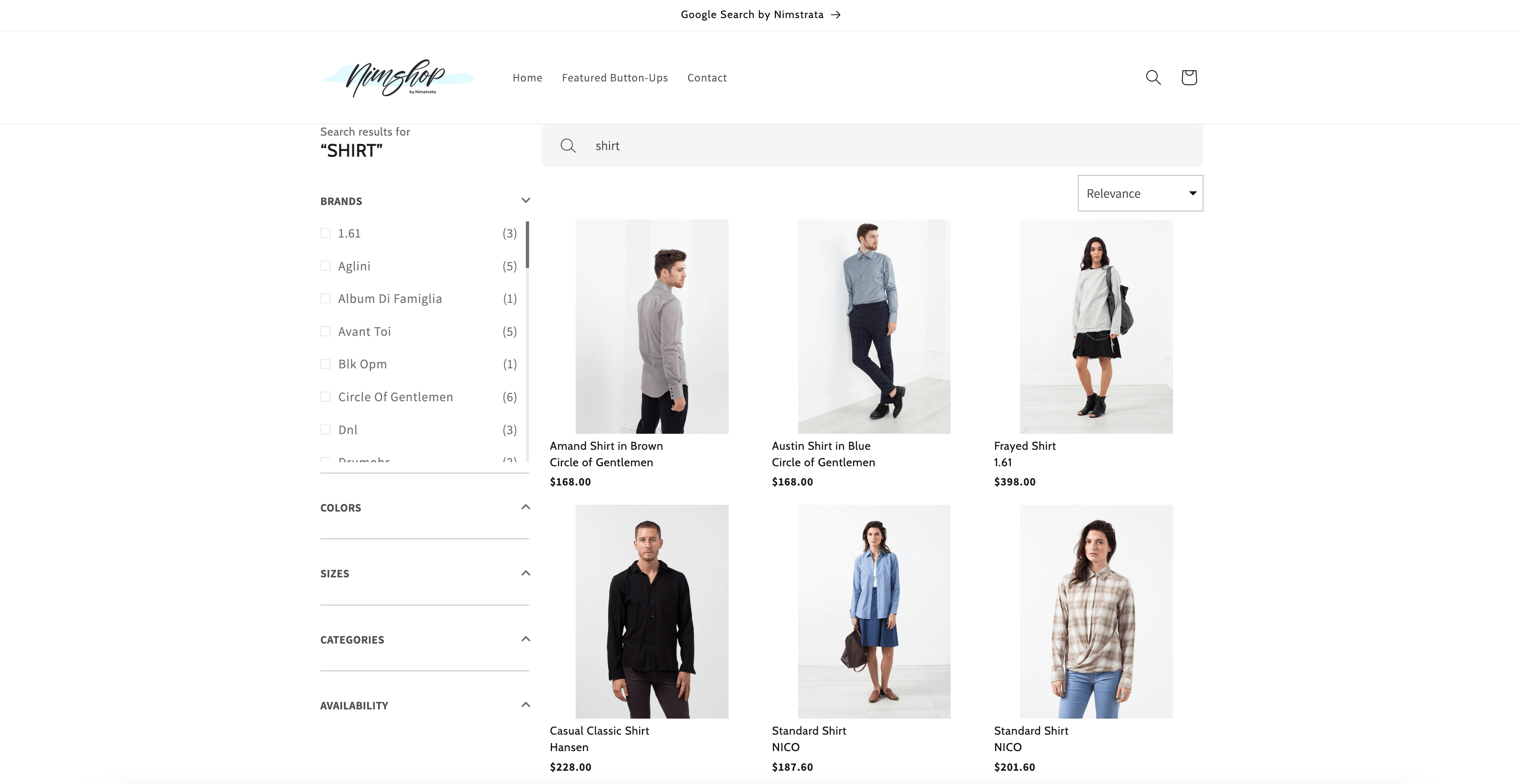 Sample search results on a Shopify Storefront