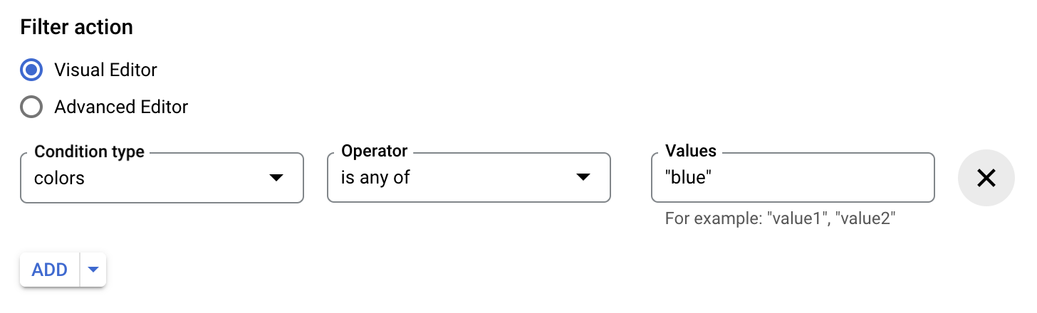 Use the Visual or Advanced editor to add filters to Cloud Retail Search behavior.