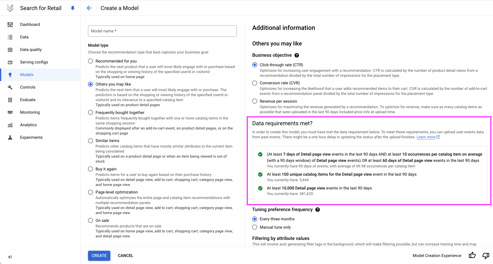 Vertex AI Search for Retail User Events Recommendations Models