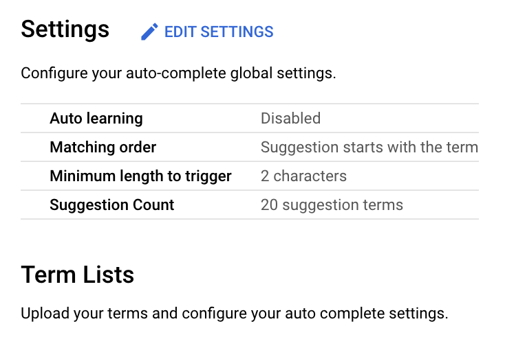 Autocomplete terms can be set up to train by default or imported via BigQuery