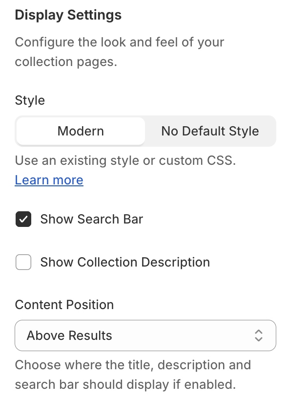 Shopify App Block Settings - Collections Search Bar Setting