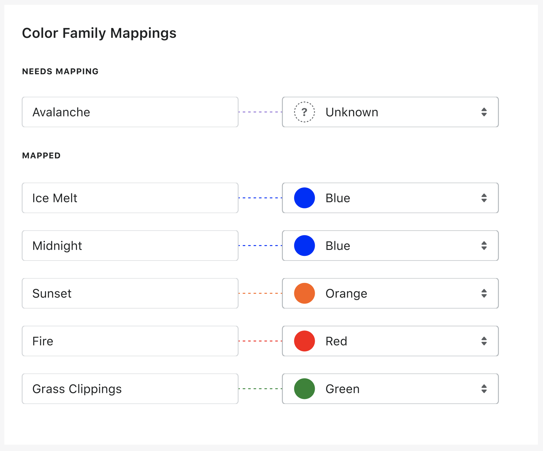Retail Connect automatically maps colors to color families.